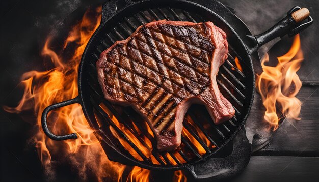 una bistecca si sta cucinando su una griglia con un fuoco dietro