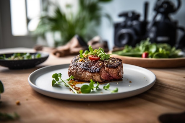 Una bistecca su un piatto con un'insalata sullo sfondo