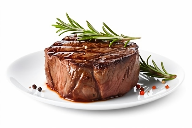 una bistecca su un piatto con un rametto di rosmarino