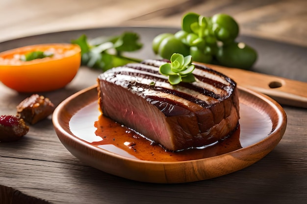 una bistecca su un piatto con verdure e un pomodoro.