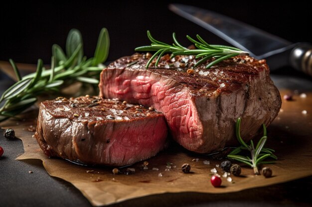 Una bistecca su un tagliere con del rosmarino sopra