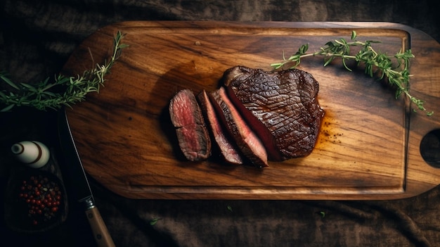 Una bistecca su un tagliere di legno con rosmarino sul lato