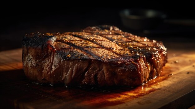 Una bistecca su un tavolo di legno con sopra la parola bistecca