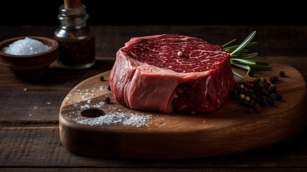 Una bistecca su una tavola di legno con sopra spezie ed erbe aromatiche