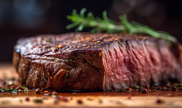 Una bistecca su una tavola di legno con sopra un rametto di rosmarino