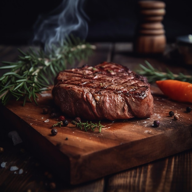 Una bistecca su una tavola di legno con sopra una carota e una carota.