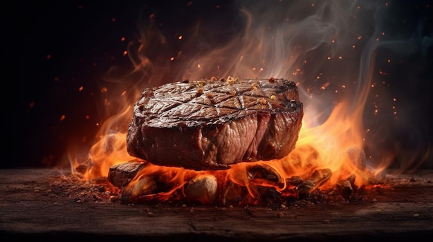 Una bistecca sul fuoco con fiamme sullo sfondo