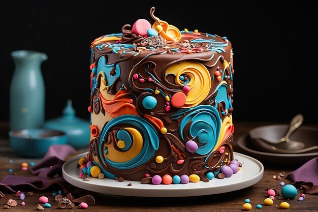 Una bizzarra torta al cioccolato con un colorato disegno astratto fatto di vortici