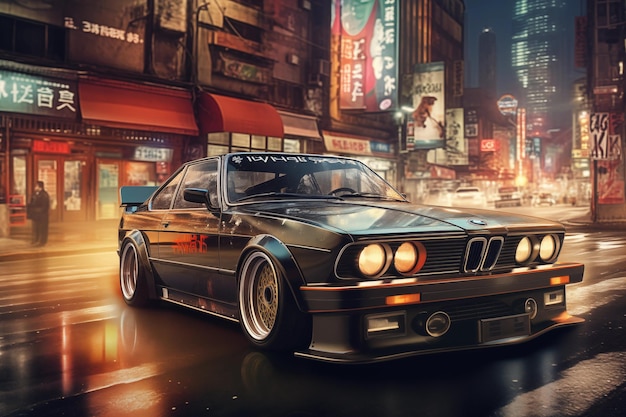 Una BMW 30 CSI d'epoca per le strade di Tokyo di notte