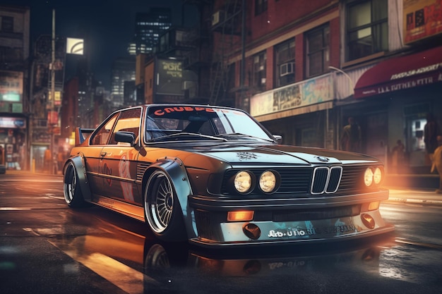 Una BMW 30 CSI d'epoca per le strade di Tokyo di notte