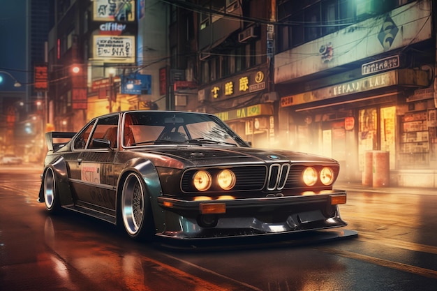 Una BMW 30 CSI d'epoca per le strade di Tokyo di notte