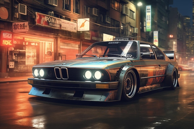 Una BMW 30 CSI d'epoca per le strade di Tokyo di notte