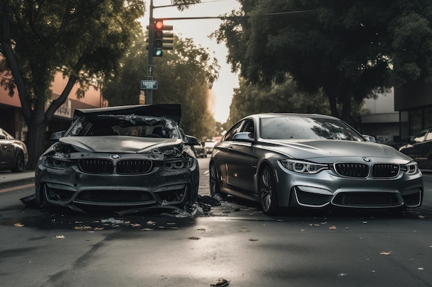 Una BMW argentata è parcheggiata in una strada con un'auto distrutta in primo piano.