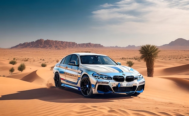 Una BMW bianca attraversa il deserto