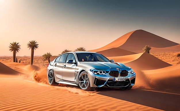 Una BMW bianca attraversa il deserto