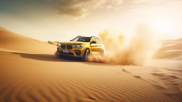 Una BMW gialla che guida nel deserto