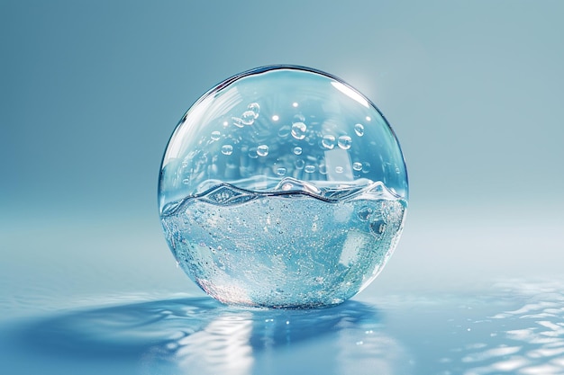 una bolla con gocce d'acqua che si trova su una superficie d'acqua blu