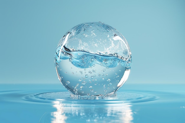 una bolla con gocce d'acqua che si trova su una superficie d'acqua blu