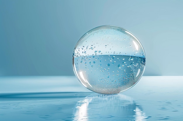 una bolla con gocce d'acqua che si trova su una superficie d'acqua blu