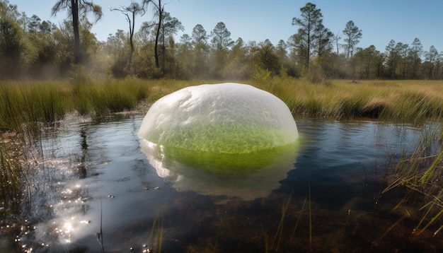 Una bolla verde in uno stagno con alberi sullo sfondo