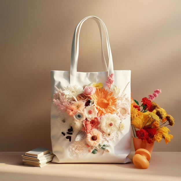 Una borsa bianca con dei fiori sopra.