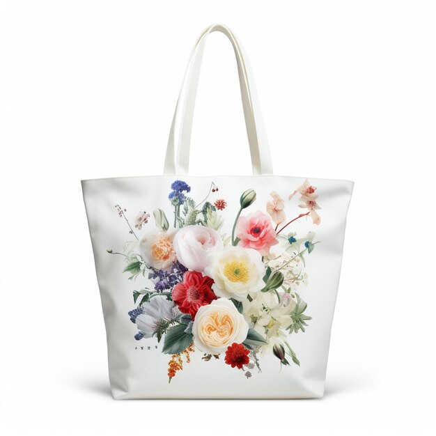 Una borsa bianca con dei fiori sopra.