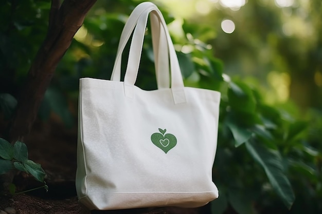 Una borsa bianca con un cuore verde è appesa a un albero.