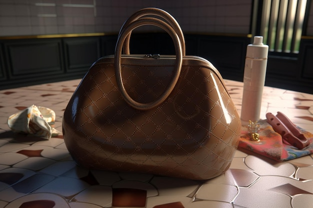 Una borsa che è su un tavolo con una bottiglia di vino
