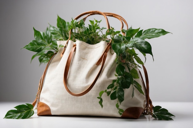 Una borsa con una pianta su uno sfondo bianco