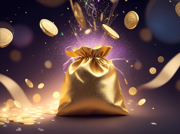Una borsa d'oro con molte monete sullo sfondo