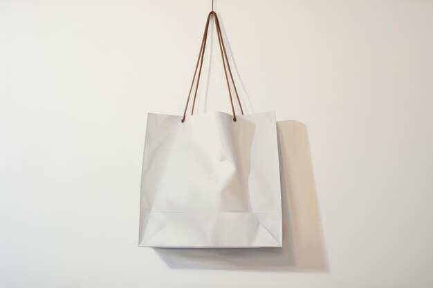 Una borsa da spesa di carta bianca appesa alla parete bianca