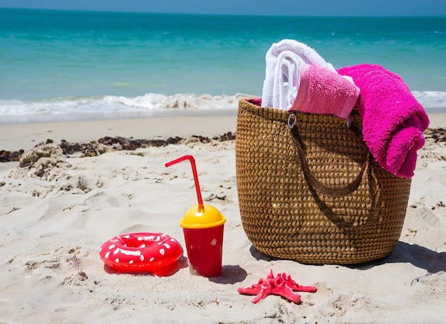 Una borsa da spiaggia con una stella marina rossa e una borsa di paglia con sopra un cappello di paglia.