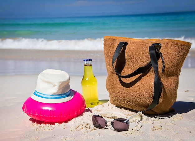 Una borsa da spiaggia e una bottiglia di occhiali da sole su una spiaggia.