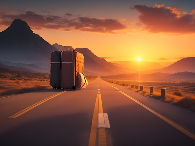 Una borsa da viaggio su una strada con le montagne sullo sfondo del tramonto