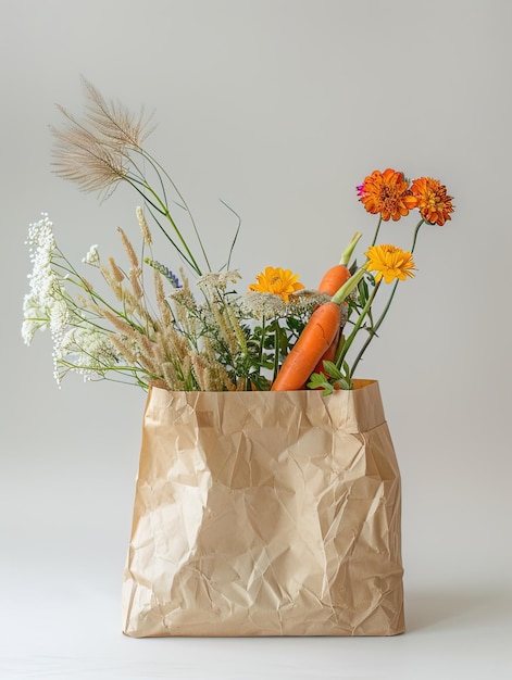 Una borsa di carta con fiori, mais e carote all'interno su uno sfondo bianco in stile minimalista