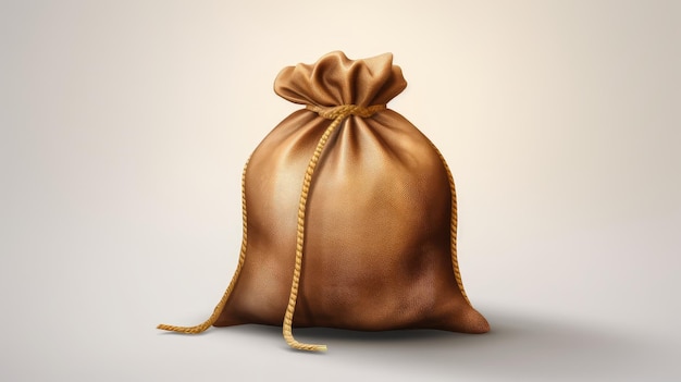 una borsa di pelle marrone con un nastro d'oro legato intorno alla parte superiore.