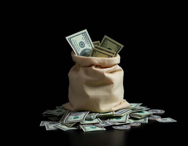una borsa di soldi con una borsa e un po' di soldi