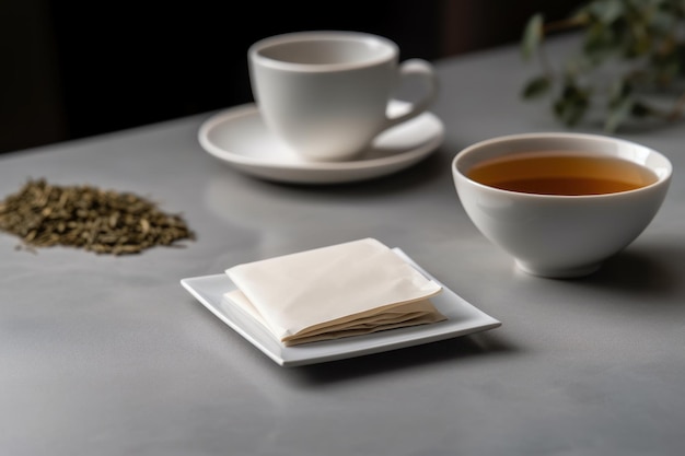 Una borsa di tè bianca è posizionata sul lato di un tavolo bianco con una tazza di tè generata dall'AI