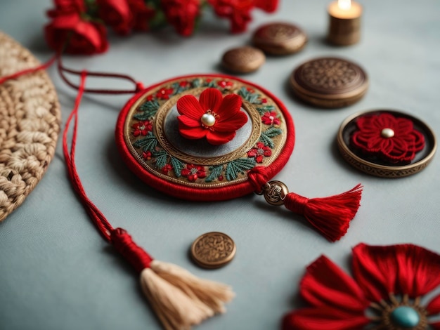 una borsa rossa con un fiore e una borsa su un tavolo