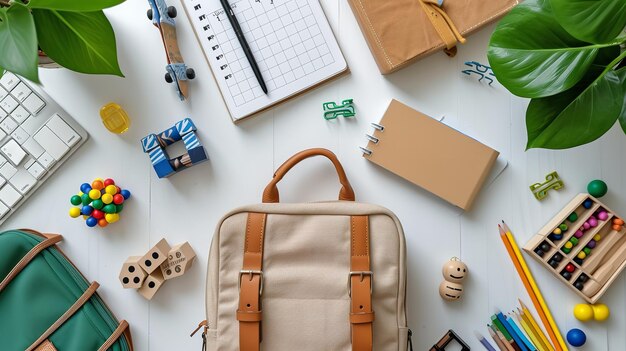 Una borsa scolastica bianca ordinata con strato superiore che include blocchi di appunti e spazio per materiali accademici AI generativa