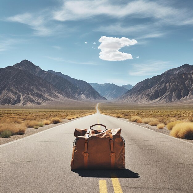 Una borsa su una strada con le montagne sullo sfondo