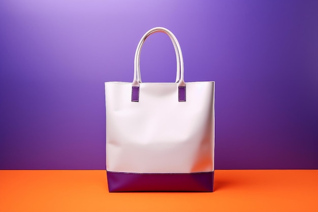 Una borsa tote in pelle bianca e viola con uno sfondo viola e arancione