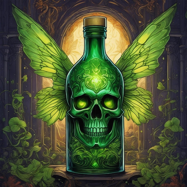 Una bottiglia a forma di teschio con una bevanda verde una piccola fata con bellissime ali a simmetria centrata