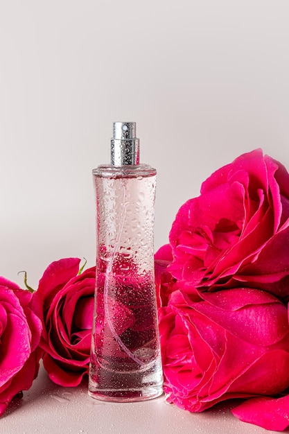 Una bottiglia alta e chic di profumo femminile su uno sfondo pastello con tre rose da tè Vista verticale Presentazione della delicata fragranza del profumo