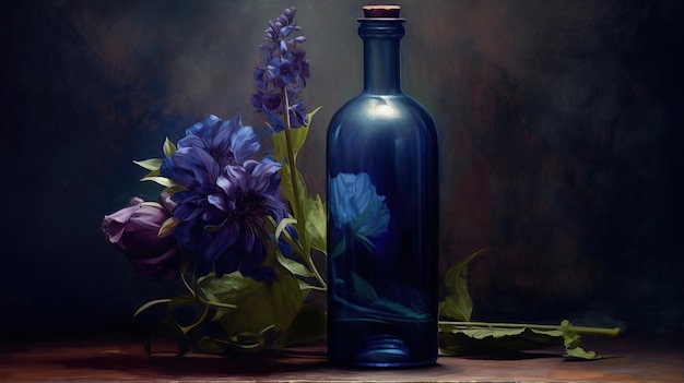 Una bottiglia blu con fiori all'interno nello stile dei ritratti chiaroscuro AI generativa