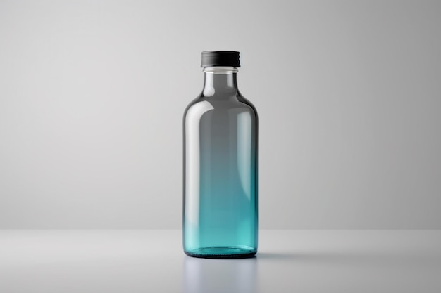 Una bottiglia blu con un tappo nero si trova su un tavolo bianco.