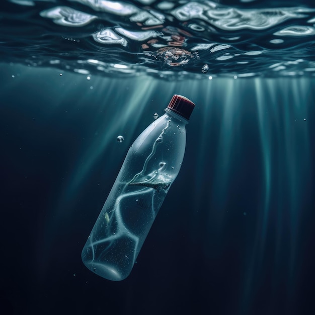 Una bottiglia che galleggia nell'acqua con sopra la parola plastica.