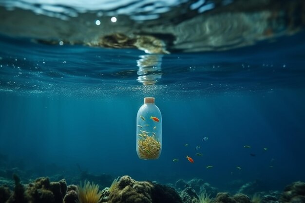 Una bottiglia che galleggia nell'oceano con sopra un pesce