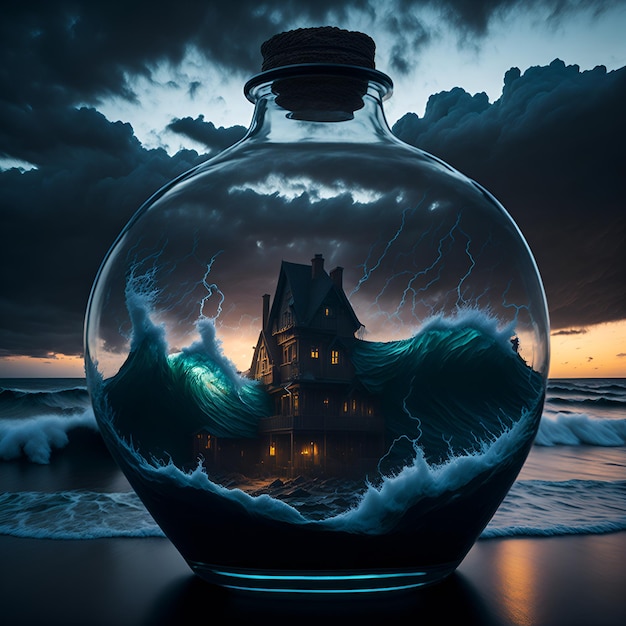 Una bottiglia con dentro una casa con sopra l'immagine di una casa