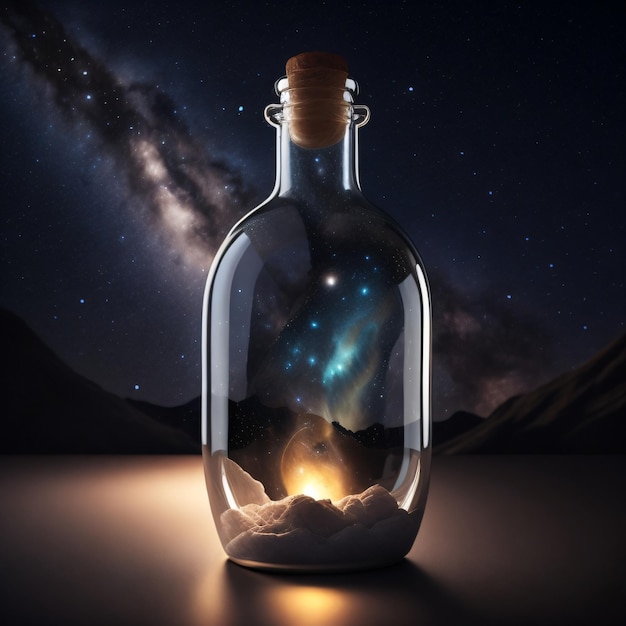 Una bottiglia con dentro una montagna e un cielo stellato.